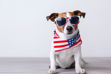 Happy jack russell terrier celebrating independence day 4th of july with usa flag. Generative ai.