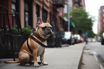 Cute dog posing in urban environment. Generative ai