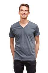 Fototapeta premium Happy, fashion and portrait of man on a white background with confidence, attractive and pride in studio. Smile, confident and face of isolated handsome young male person with trendy casual clothes