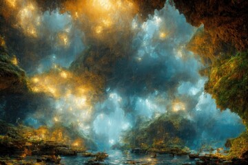 Fototapeta na wymiar 秘密の洞窟の輝き：海賊の住む場所から宝が眠る秘密の島への抽象的なオイルペインティングの旅 - Generative AI 6