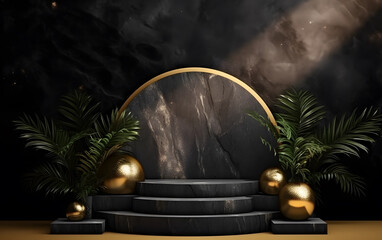 3D rendering black and gold style e-commerce booth, black and gold color indoor circular booth 3D rendering