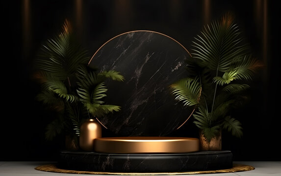 3D rendering black and gold style e-commerce booth, black and gold color indoor circular booth 3D rendering