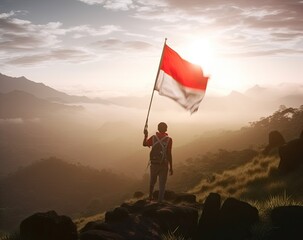 proud indonesian man on a mountain peak raising red and white indonesia flag.