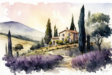 watercolor painting created by hand of a stunning Italian landscape, generative AI - obrazy, fototapety, plakaty