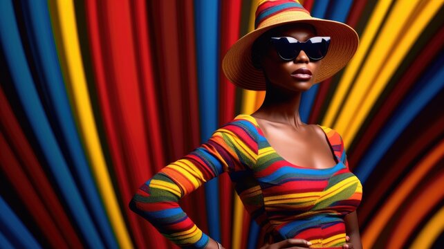 Fototapeta Young african female model posing with trendy fashion outfit and colorful vibrant orange optical art abstract background. Picturesque generative AI