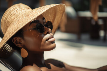 A beautiful black woman in a hat and sunglasses lies on a sun lounger by the pool. Photorealistic illustration generative AI.