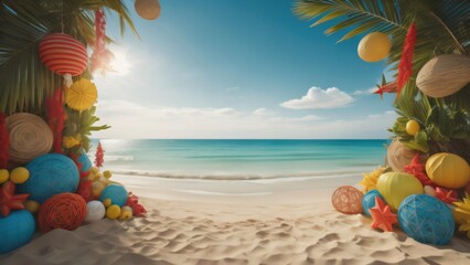 summer decoration with beauty beach background illustration. copy space. generative ai