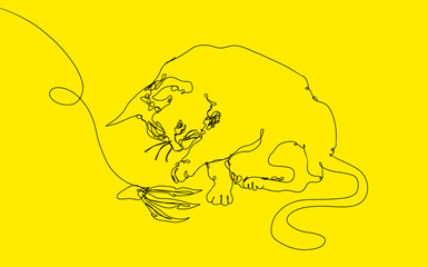 line art of a cat playing on a yellow background