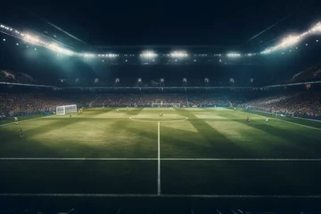 Tuinposter Illuminated sports arena, soccer pitch. Generative AI © Maverick