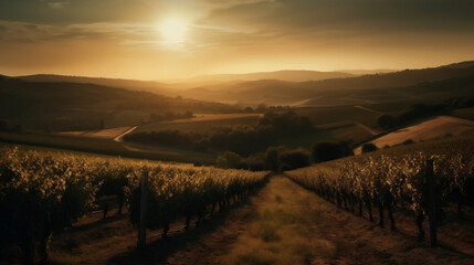 Fototapeta na wymiar Sunset in a vineyard, rows of trees, mountains in the background - Generative AI