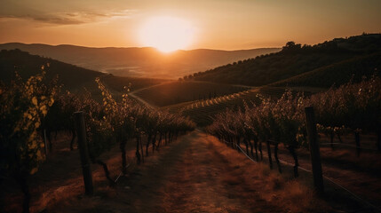 Sunset in a vineyard, rows of trees, mountains in the background - Generative AI