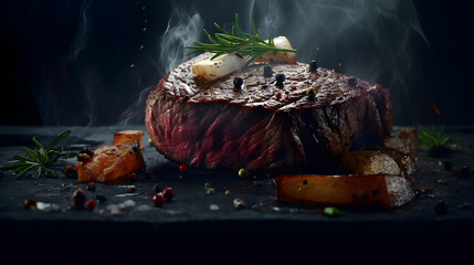 Beef Steak with herbs and pepper- generative AI, KI