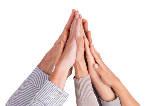Hands together, business people and high five with success, support and motivation isolated on white background. Team building, celebration and winning with trust, community and solidarity in studio