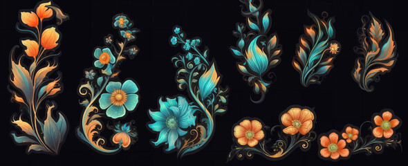 Fototapeta na wymiar set of floral design elements, blue and black color scheme, new art nouveau, smooth brushwork, teal and orange colour palette, colorful and grayish palette, generative ai