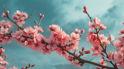 a branch with pink flowers against a blue sky, generative ai