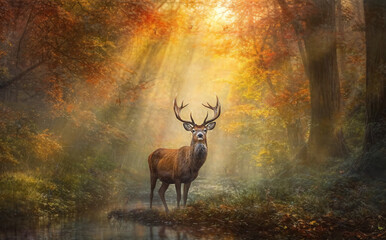 a deer standing in a forest with a stream, beautiful gorgeous digital art, beautiful surroundings, generative ai