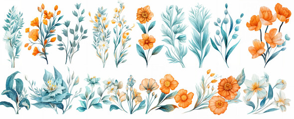 watercolor flowers and leaves, teal orange color palette, concept sketches, flowers sea everywhere, white grey blue color palette, few overgrown plants, carnation, website banner, generative ai