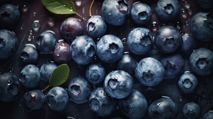Fresh ripe blueberries with water drops background. Berries backdrop. Generative AI