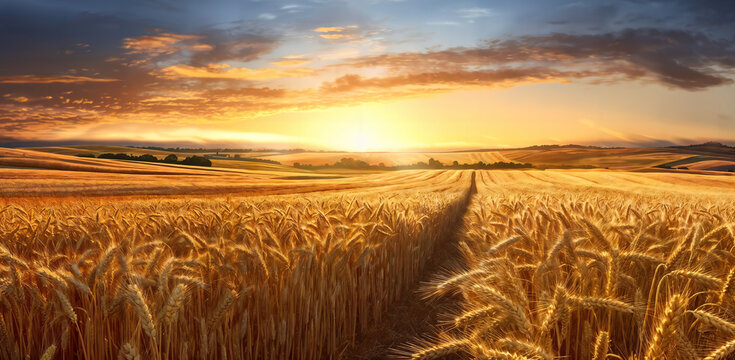 wheat field at sunset, high quality product image, god sun rays, golden curve composition, malt, vast expansive landscape, interconnections, at dusk at golden hour, generative ai