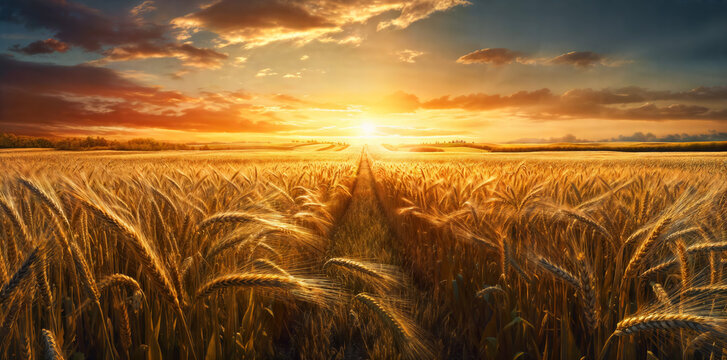 wheat field at sunset, high quality product image, god sun rays, golden curve composition, malt, vast expansive landscape, interconnections, at dusk at golden hour, generative ai