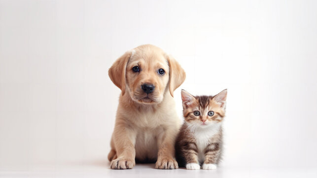 a kitten and a dog are sitting together, sterile background, hyperquality, standing together, wide ayes, labrador, very clear image, generative ai