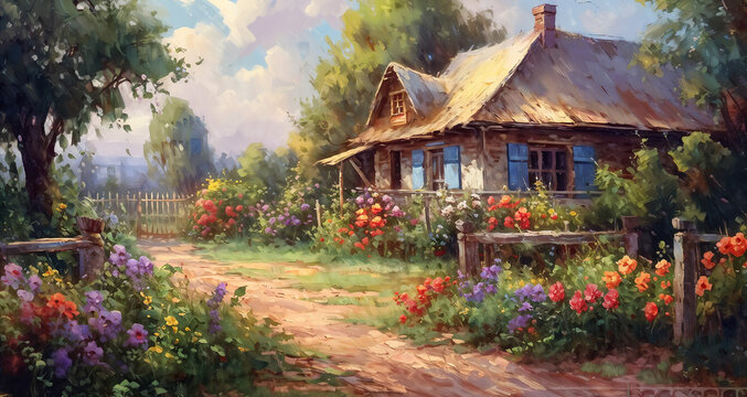 a painting of a cottage with flowers and a path, realistic artstyle, house, very beautiful furry art, expressive beautiful painting, hard brush painting, very very beautiful scenery, generative ai