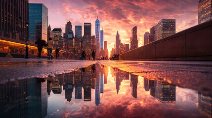 Fototapeta premium a group of people walking down a street next to tall buildings, marvellous reflection of the sky, unsplash photography, fiery palette, after the rain, generative ai