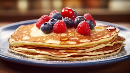 Tasty pancakes with syrup and berries on a plate at a restaurant or cafe