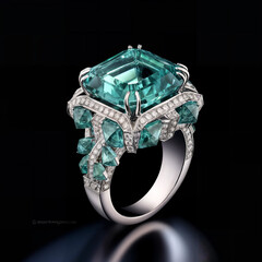 a ring with a green stone surrounded by diamonds, joyce ballantyne style, rich azure tones,  art-deco, dark backgraund, generative ai