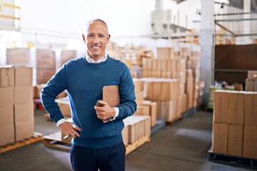 Checklist, happy and portrait of man in warehouse for cargo, storage and shipping. Distribution, ecommerce and logistics with employee in factory plant for supply chain, package or wholesale supplier - obrazy, fototapety, plakaty
