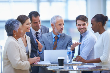Ceo, confused and planning with business people in meeting for coaching, mentor and strategy....