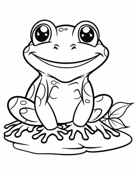 A frog sitting on top of a leaf. Generative AI. Coloring book for kids.
