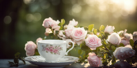 Obraz na płótnie Canvas Tea and Roses. Cup of Tea and Pink Roses on a table in summer Garden Outdoor. Herbal Tea and Flowers. Generative ai illustration 