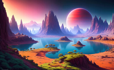Fototapeta na wymiar Alien planet landscape, 3d illustration of imaginary, fictional another planet background. Generative Ai.