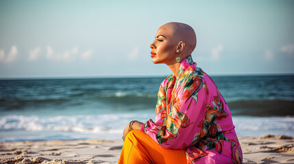 Mature woman with bald head at the beach looking at the ocean. Generative AI