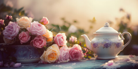 Pot of tea and Roses on a table in garden. Tea and Flowers. Generative ai illustration