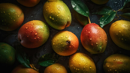 Fresh ripe mangos with water drops background. Fruits backdrop. Generative AI