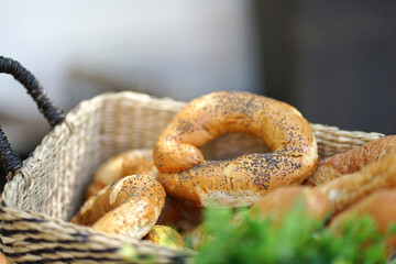 Baking with poppy seeds in a straw basket. Baked goods.
