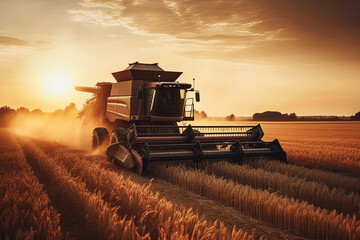 Fototapeta premium combine harvester harvests wheat from field on farm in summer at sunset. Generative AI illustration