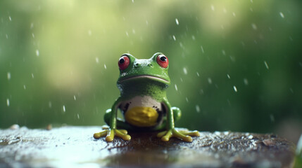 雨の中考え事をする蛙 Frog thinking about something in rain. Created by generative AI
