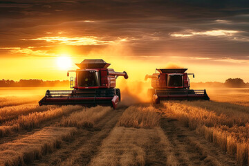 Fototapeta premium combine harvester harvests wheat from field on farm in summer at sunset. Generative AI illustration