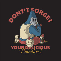 Cartoon gorilla eating noodles retro emblem © andhikajudy