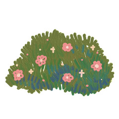 cute drawing style with oil brush texture of pink flower and green bush