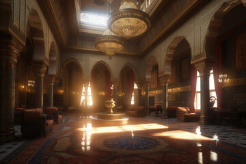 Islamic Interior Design, Oriental Palace Interior with golden decor. Generative ai illustration. Eid Mubarak Ramadan Kareem, Eid al-Adha