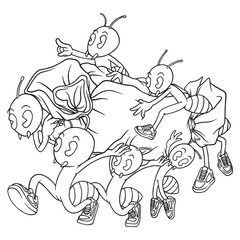 Cartoon working ants carrying a candy coloring illustration