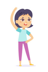 Cute girl doing side bends, morning sport and fitness exercise of active sporty kid