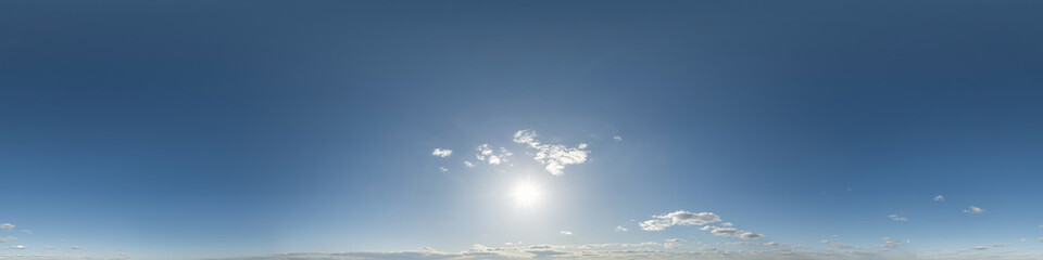 clear blue skybox with clouds as seamless hdri 360 panorama with zenith in spherical equirectangular projection may use for skydome replacement in 3d graphics or game development and edit drone shot