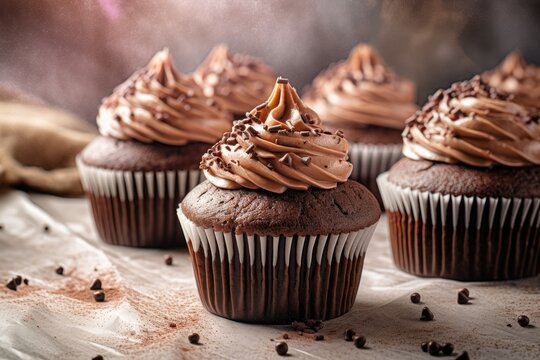 Chocolate fudge cupcake. A captivating close-up photograph that brings the delectable treat to life, perfect for enticing illustrations. Generative AI