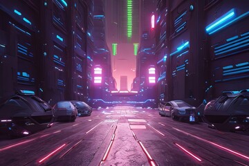 Fototapeta na wymiar Cyberpunk Industrial Abstract Future Wallpaper. Futuristic concept. Blue pink violet Evening urban landscape. Generative AI illustration.