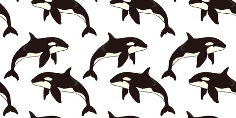 Seamless pattern with cute cartoon killer whales or orca, vector illustration © Tetiana Kasatkina